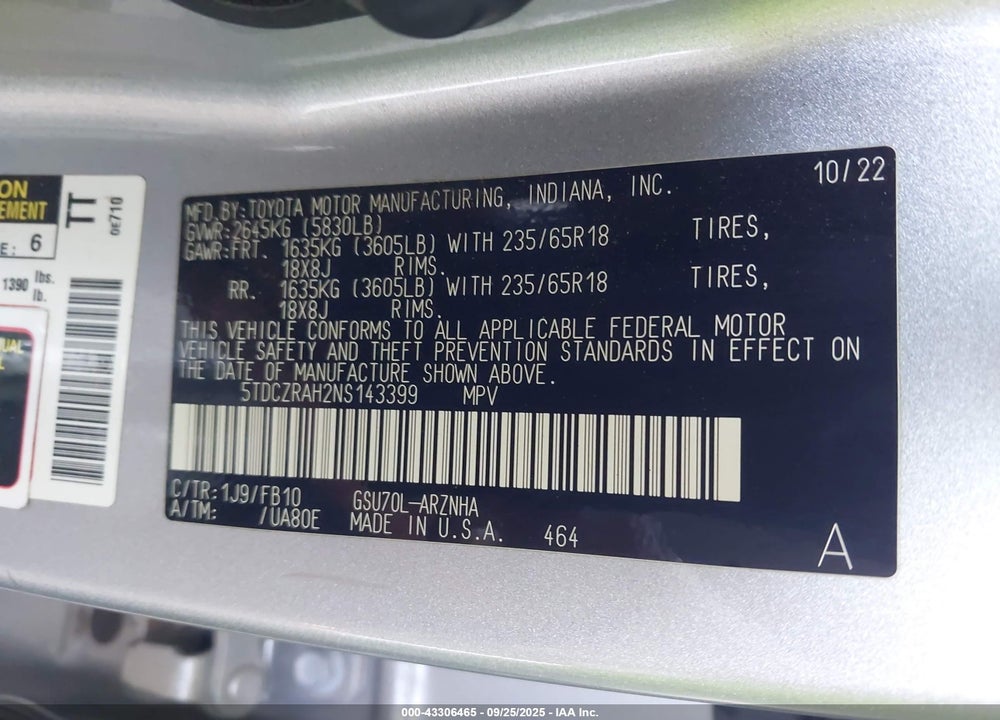 2022 TOYOTA HIGHLANDER L VIN: 5TDCZRAH2NS143399