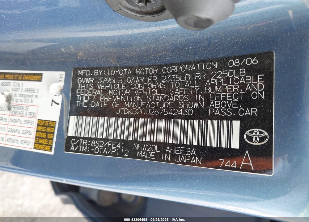 2006 TOYOTA PRIUS VIN: JTDKB20U267542430