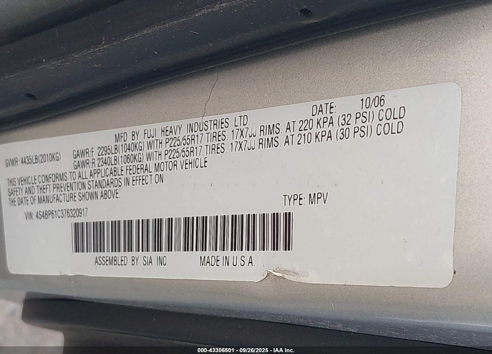 2007 SUBARU OUTBACK 2.5I VIN: 4S4BP61C376320917