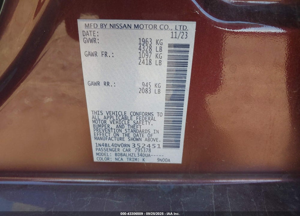 2024 NISSAN ALTIMA VIN: 1N4BL4DV0RN352451
