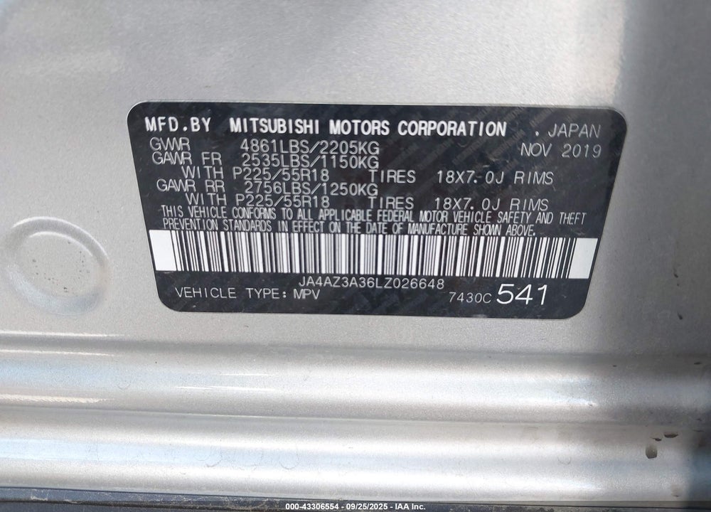 2020 MITSUBISHI OUTLANDER VIN: JA4AZ3A36LZ026648