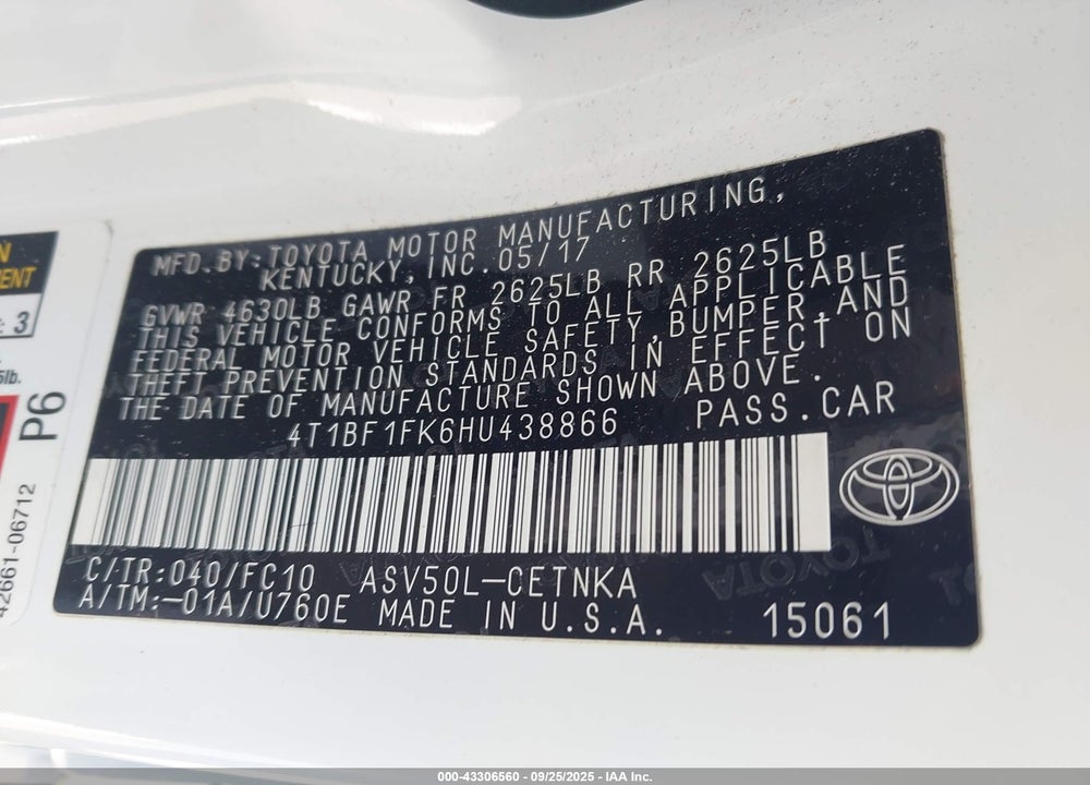 2017 TOYOTA CAMRY LE VIN: 4T1BF1FK6HU438866