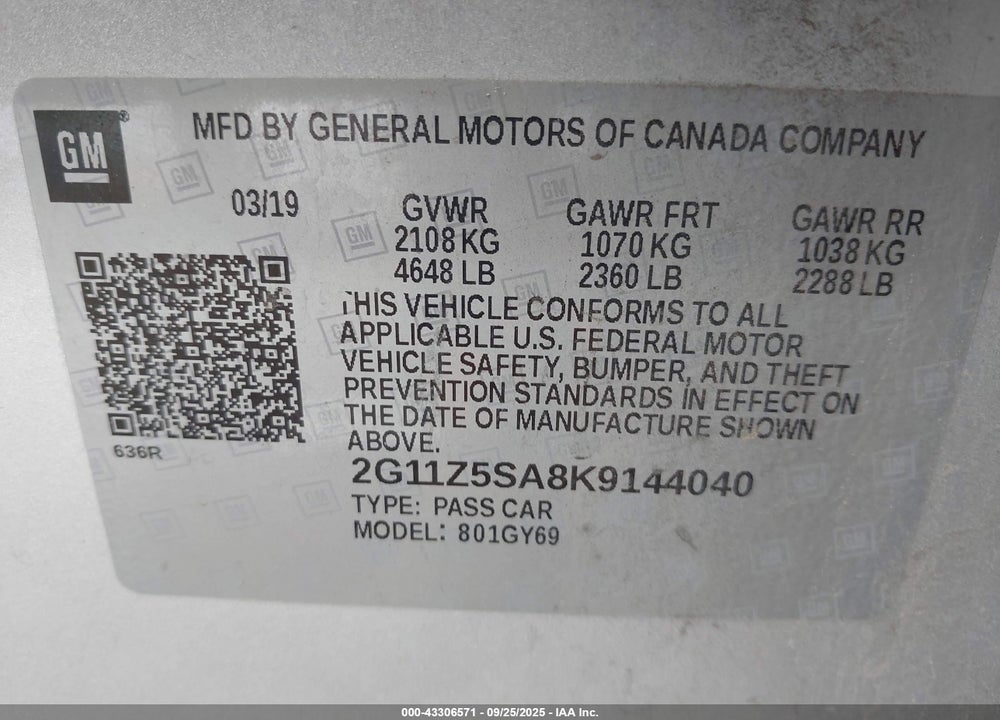 2019 CHEVROLET IMPALA VIN: 2G11Z5SA8K9144040