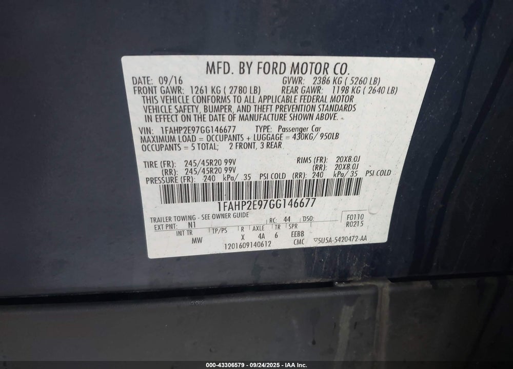 2016 FORD TAURUS SEL VIN: 1FAHP2E97GG146677