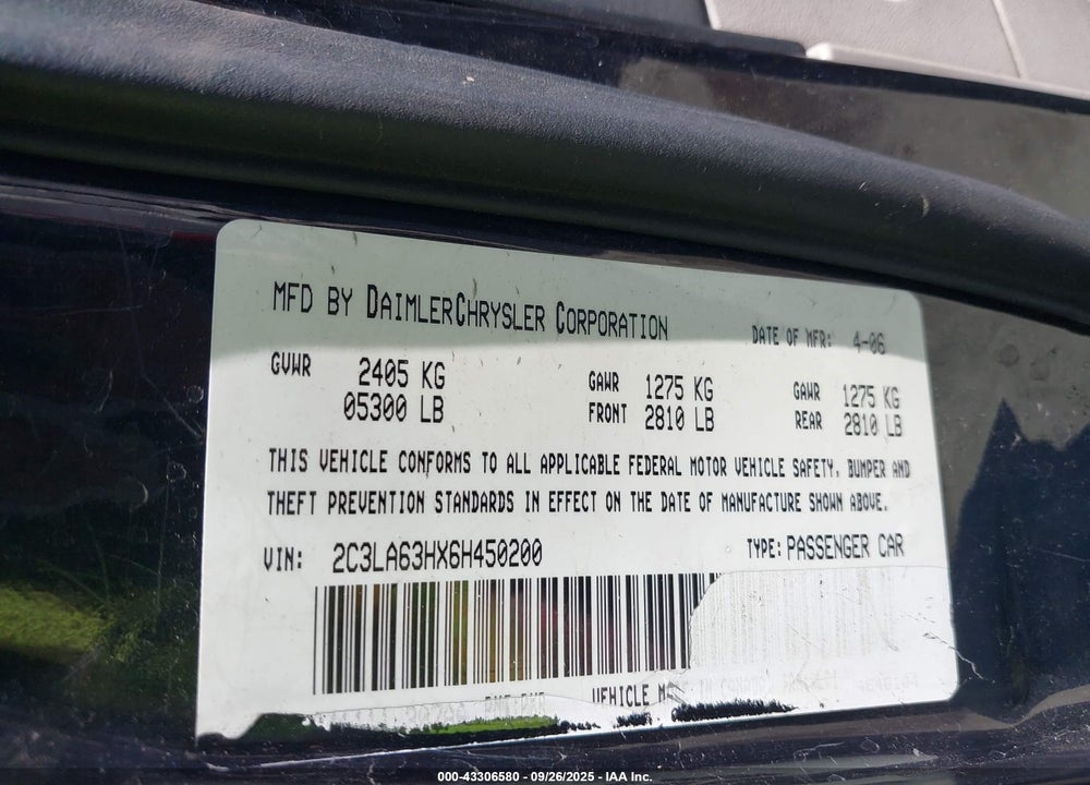 2006 CHRYSLER 300C VIN: 2C3LA63HX6H450200
