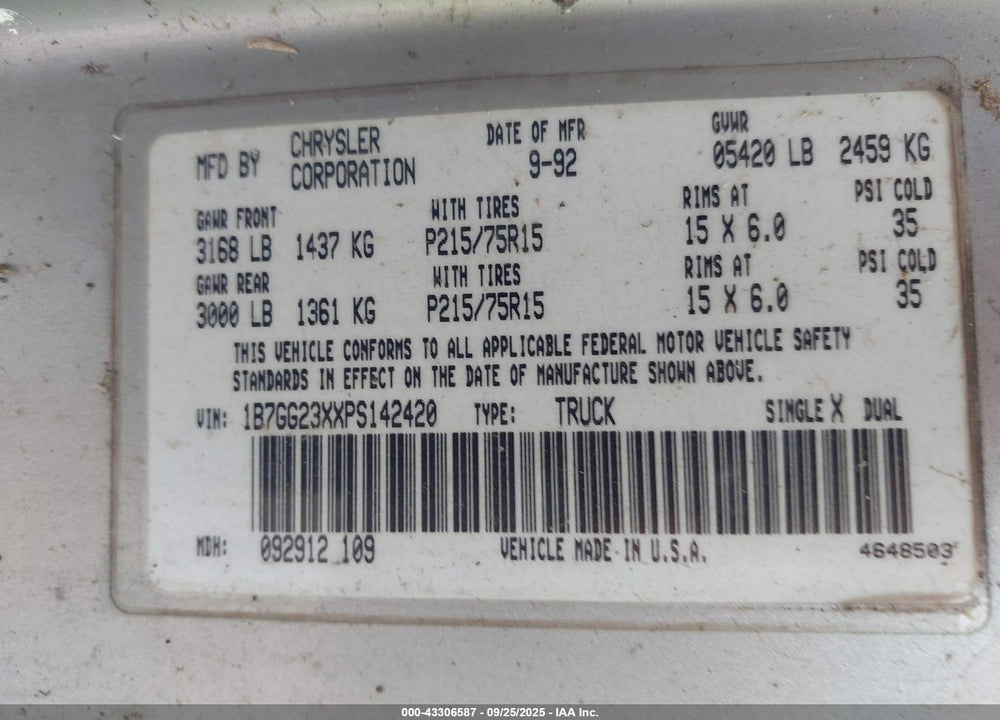 1993 DODGE DAKOTA VIN: 1B7GG23XXPS142420