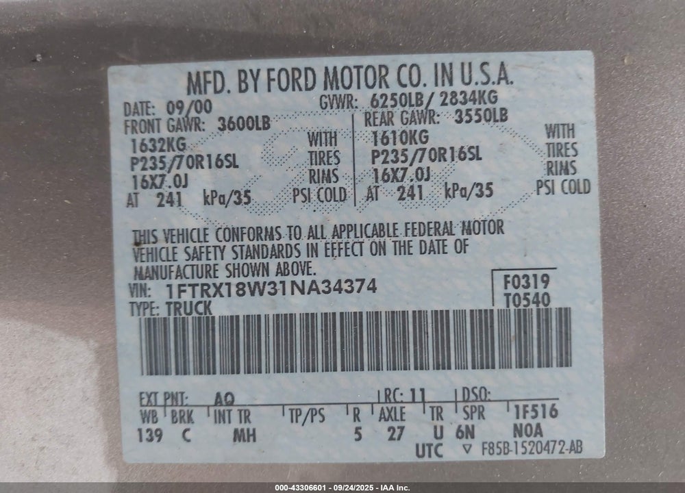 2001 FORD F-150 LARIAT/XL/XLT VIN: 1FTRX18W31NA34374