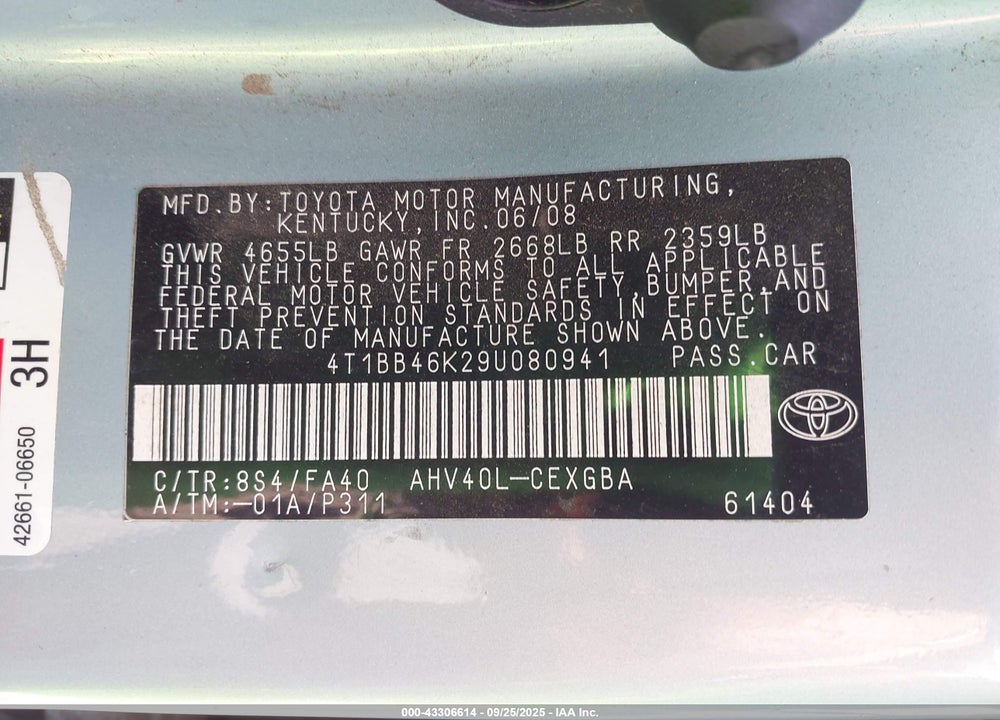 2009 TOYOTA CAMRY HYBRID VIN: 4T1BB46K29U080941
