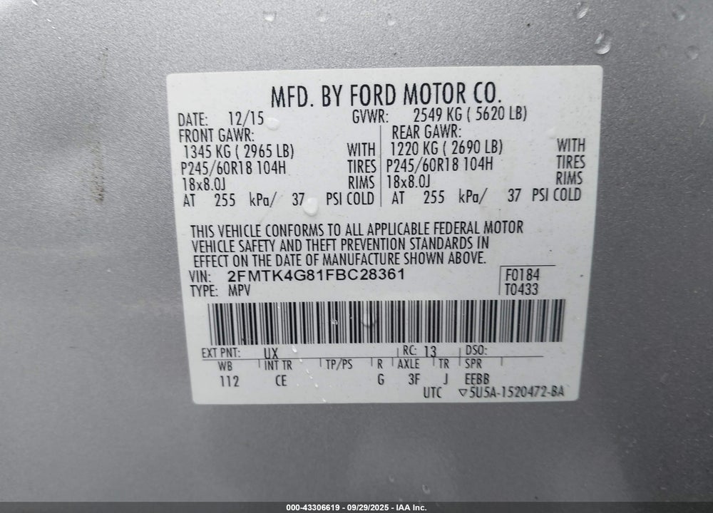 2015 FORD EDGE SE VIN: 2FMTK4G81FBC28361