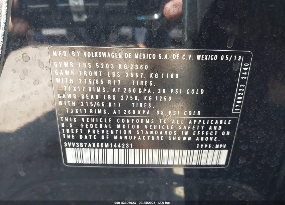 2019 VOLKSWAGEN TIGUAN VIN: 3VV3B7AX6KM144231