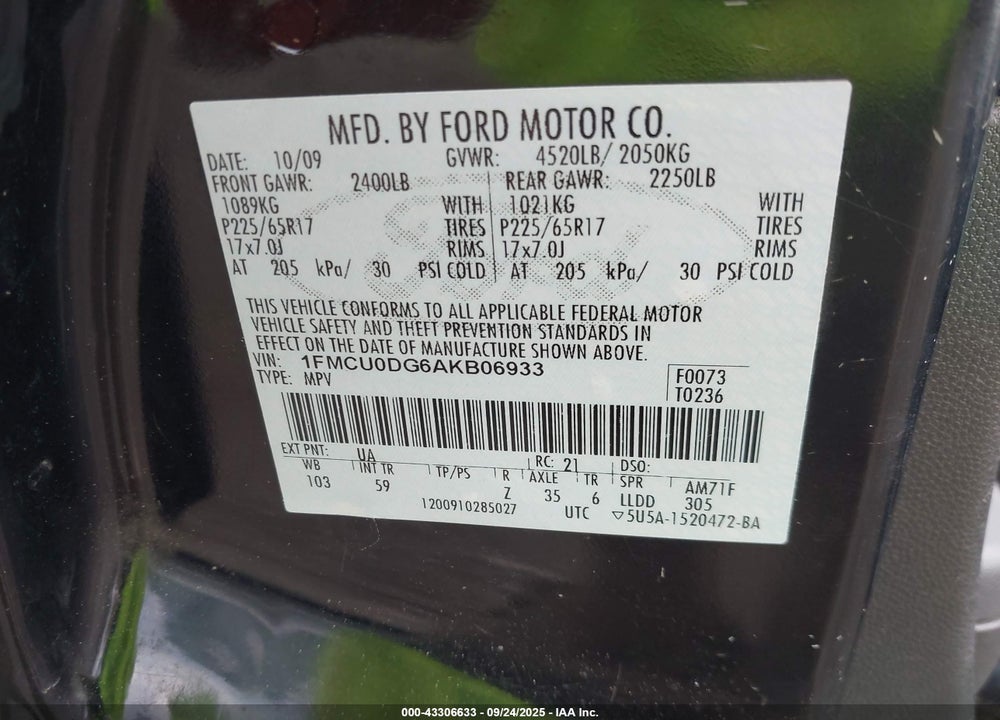 2010 FORD ESCAPE VIN: 1FMCU0DG6AKB06933