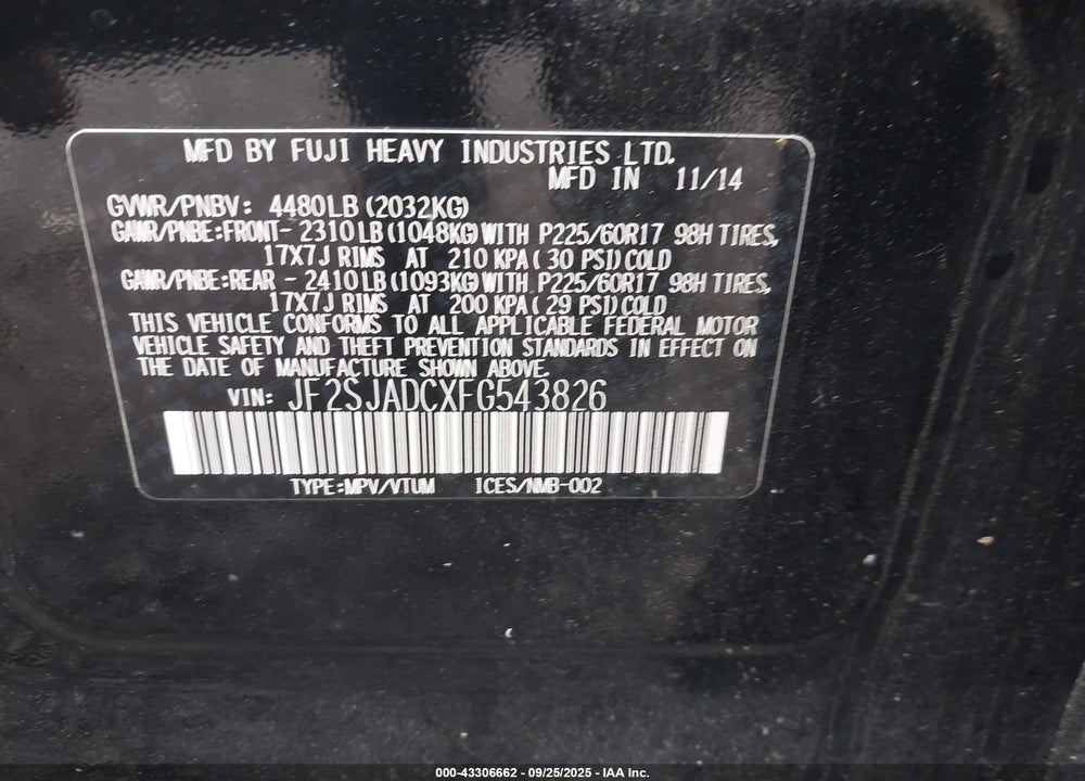 2015 SUBARU FORESTER VIN: JF2SJADCXFG543826