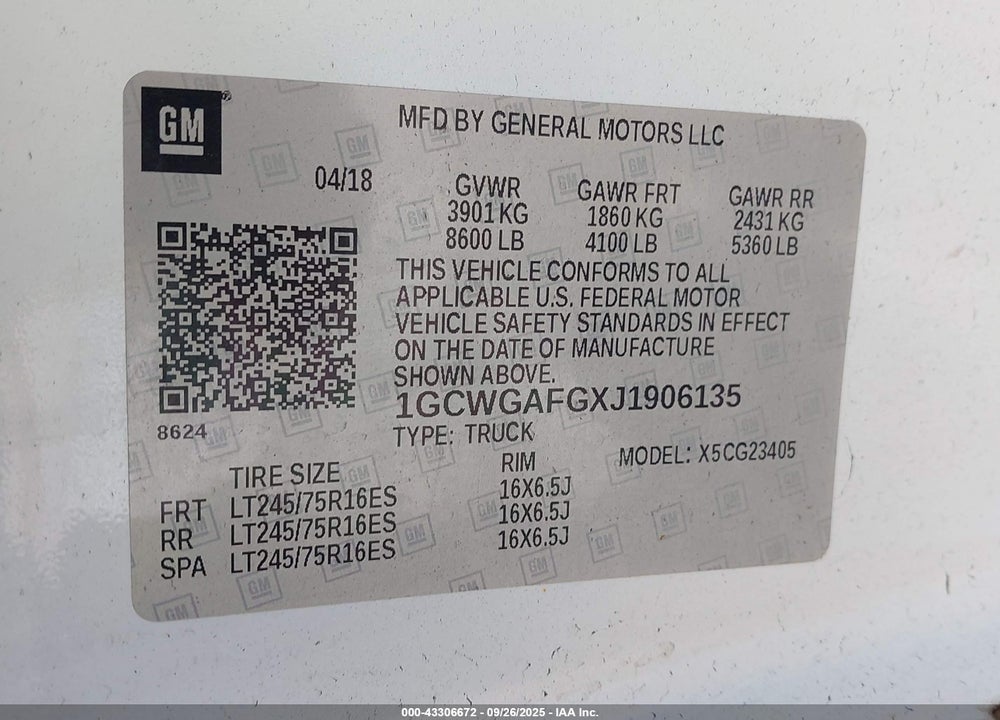 2018 CHEVROLET EXPRESS 2500 WORK VAN VIN: 1GCWGAFGXJ1906135