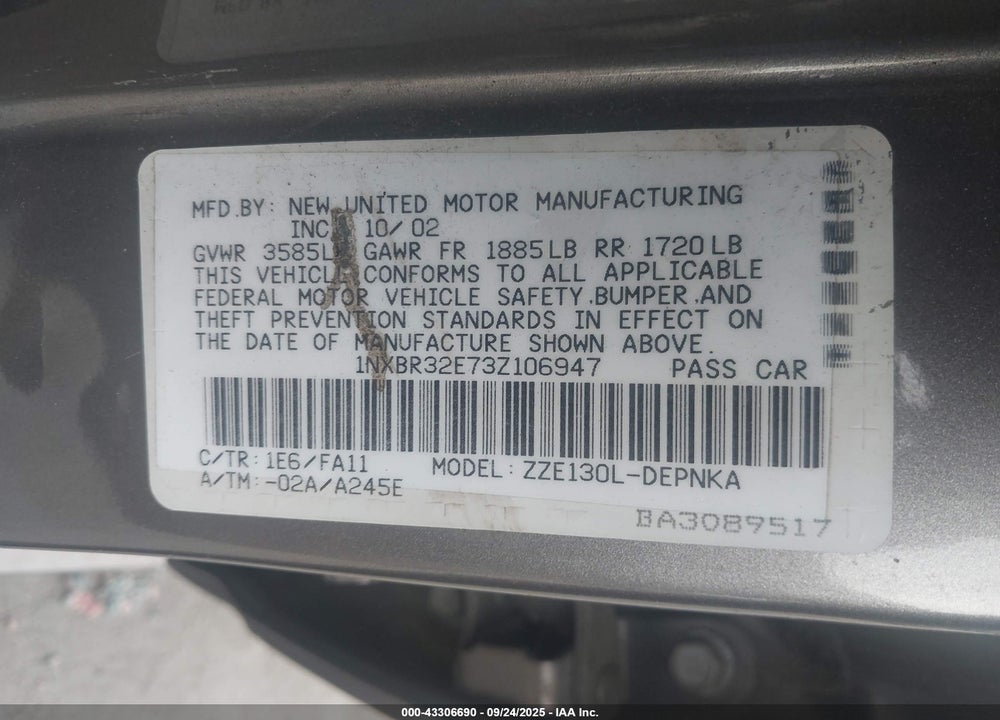 2003 TOYOTA COROLLA LE VIN: 1NXBR32E73Z106947