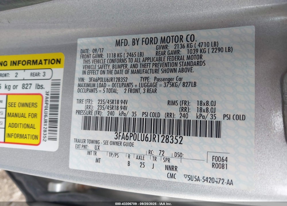 2018 FORD FUSION VIN: 3FA6P0LU6JR128352