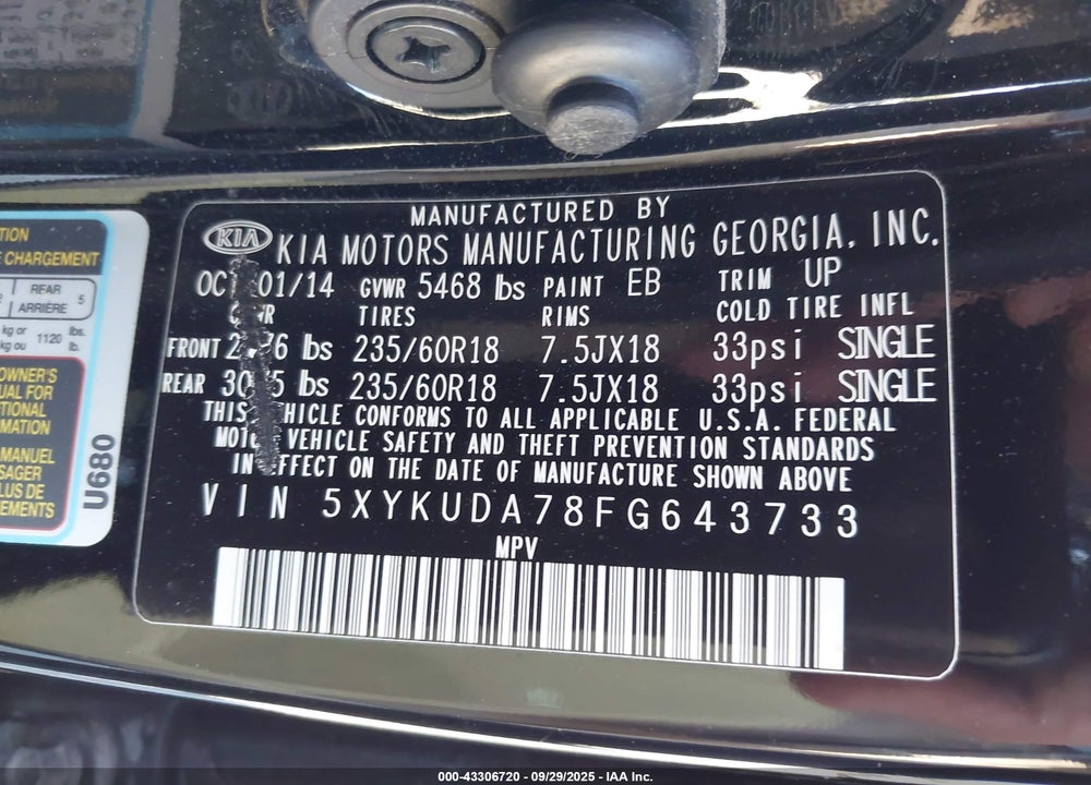 2015 KIA SORENTO EX V6 VIN: 5XYKUDA78FG643733
