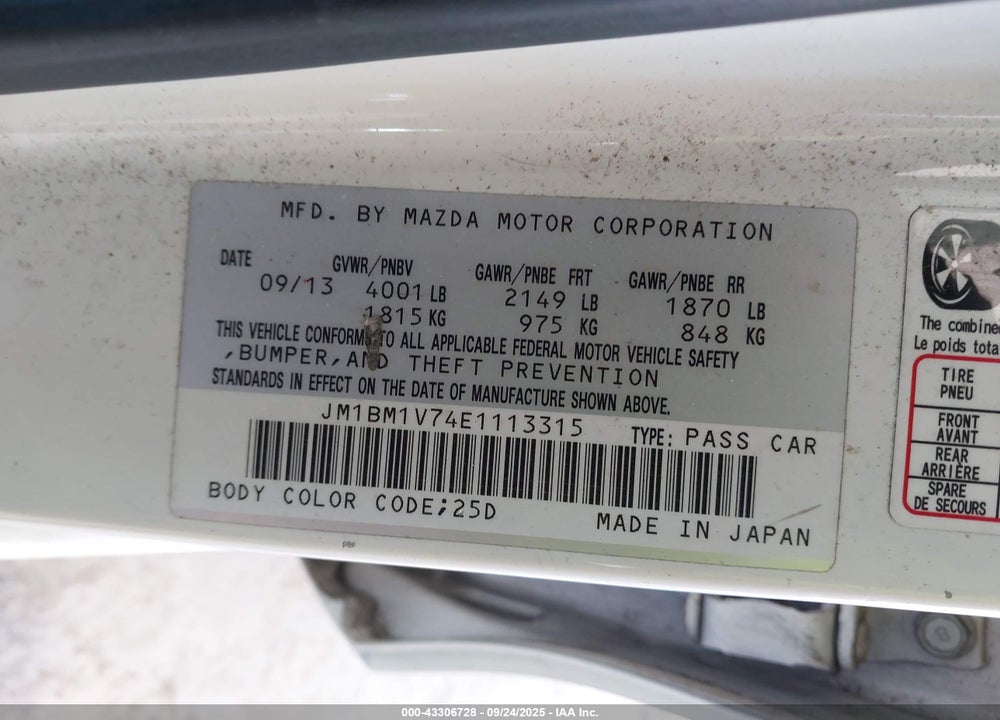 2014 MAZDA 3 VIN: JM1BM1V74E1113315