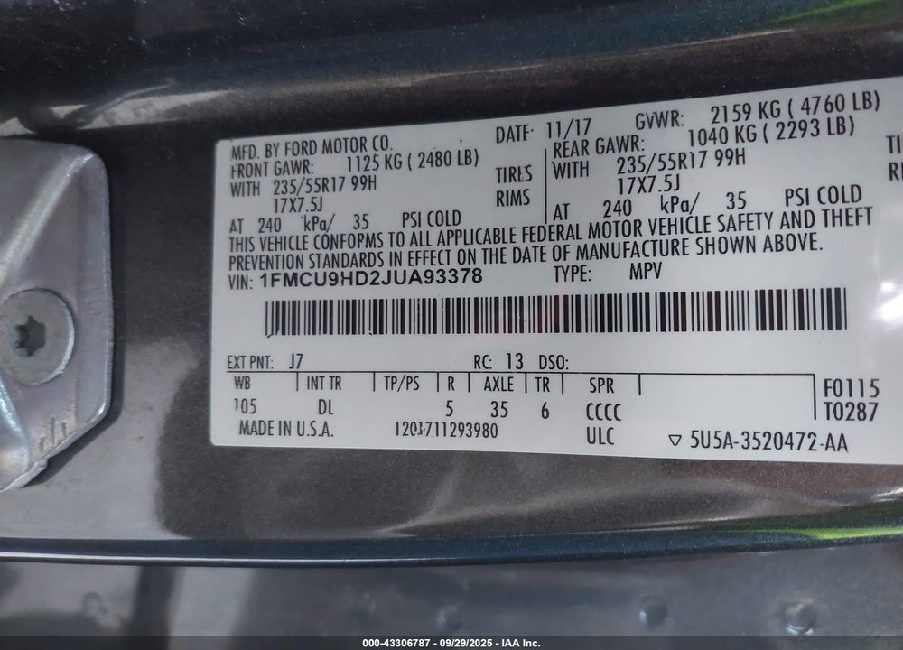 2018 FORD ESCAPE VIN: 1FMCU9HD2JUA93378