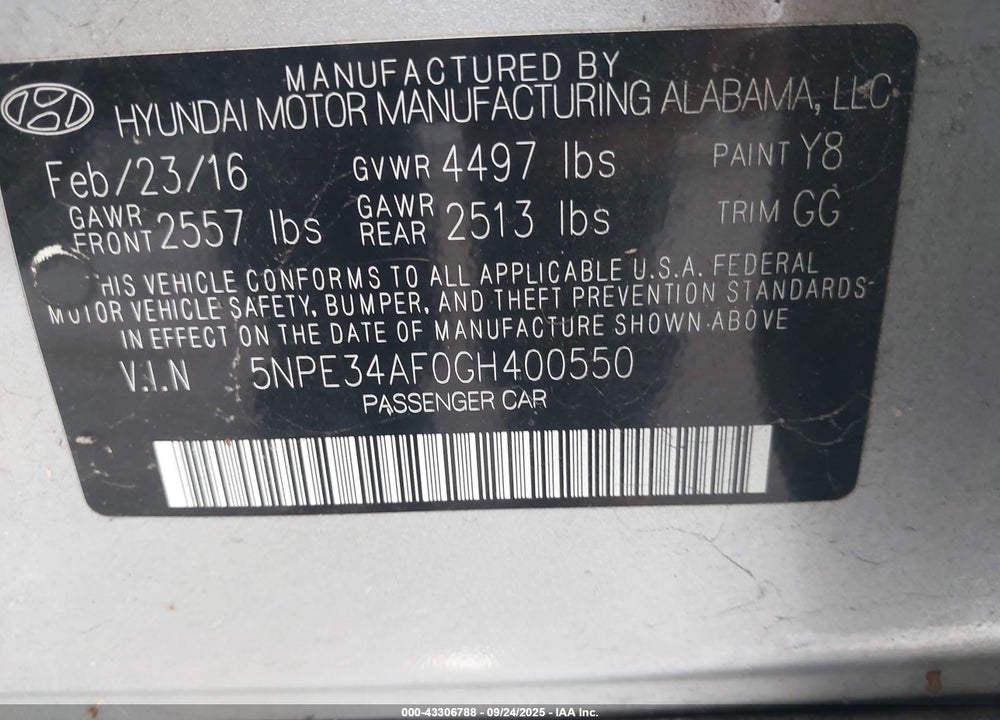 2016 HYUNDAI SONATA VIN: 5NPE34AF0GH400550