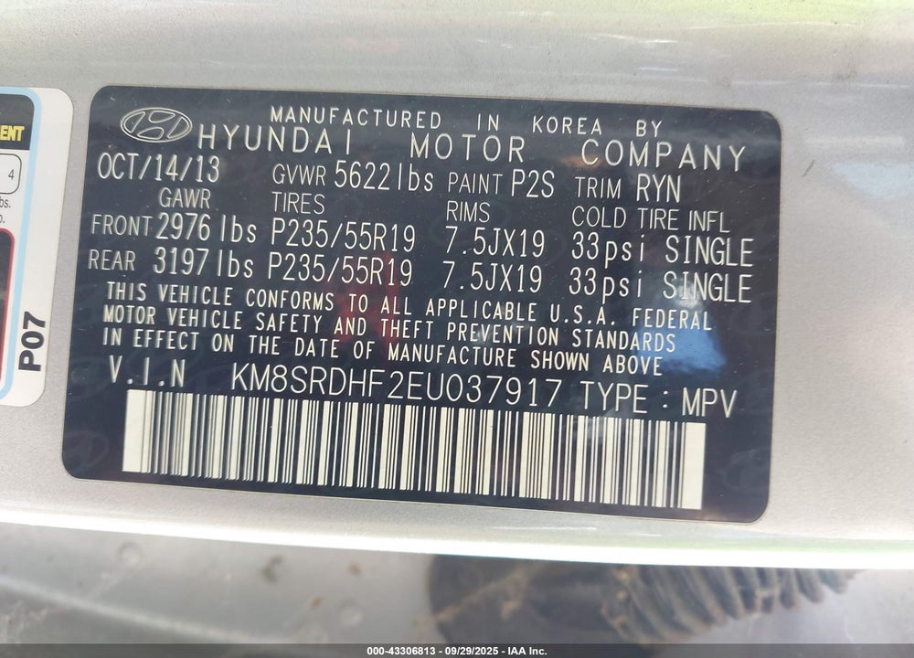 2014 HYUNDAI SANTA FE VIN: KM8SRDHF2EU037917
