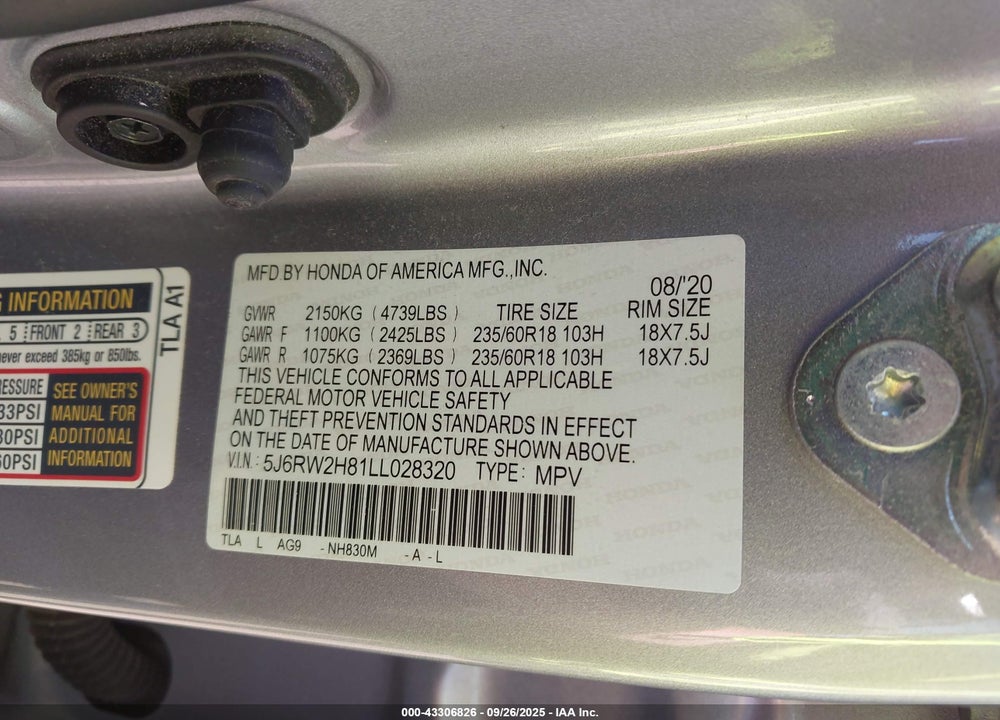 2020 HONDA CR-V AWD EX-L VIN: 5J6RW2H81LL028320