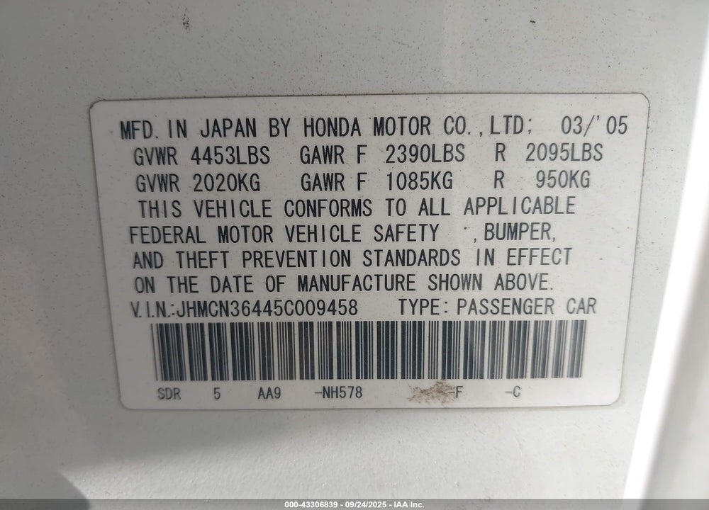 2005 HONDA ACCORD HYBRID IMA VIN: JHMCN36445C009458