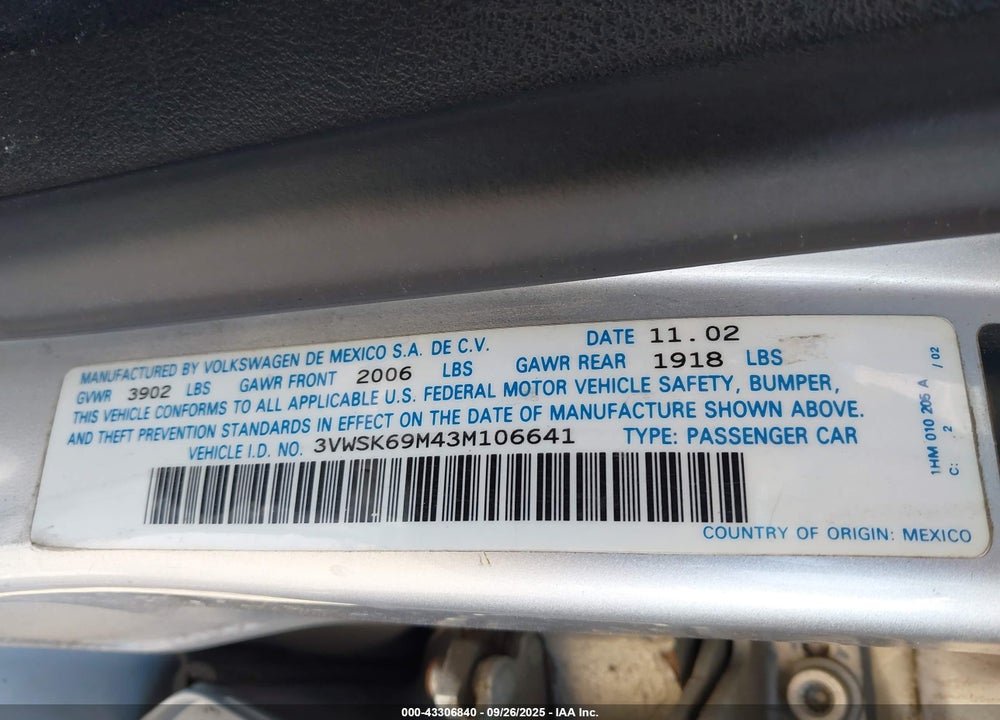 2003 VOLKSWAGEN JETTA GLS 2.0L VIN: 3VWSK69M43M106641