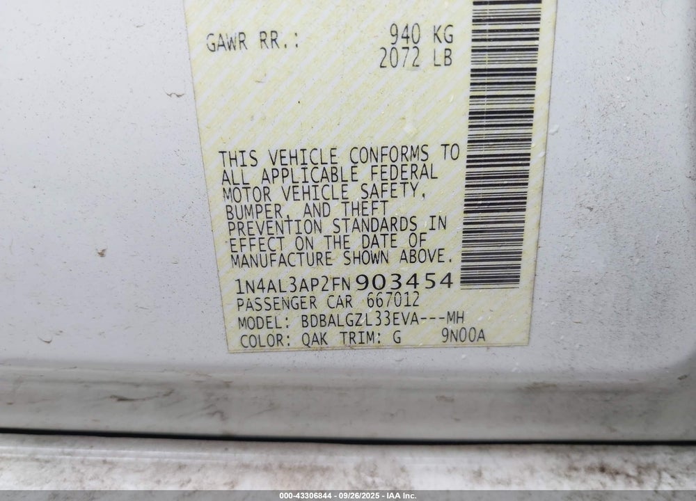 2015 NISSAN ALTIMA VIN: 1N4AL3AP2FN903454