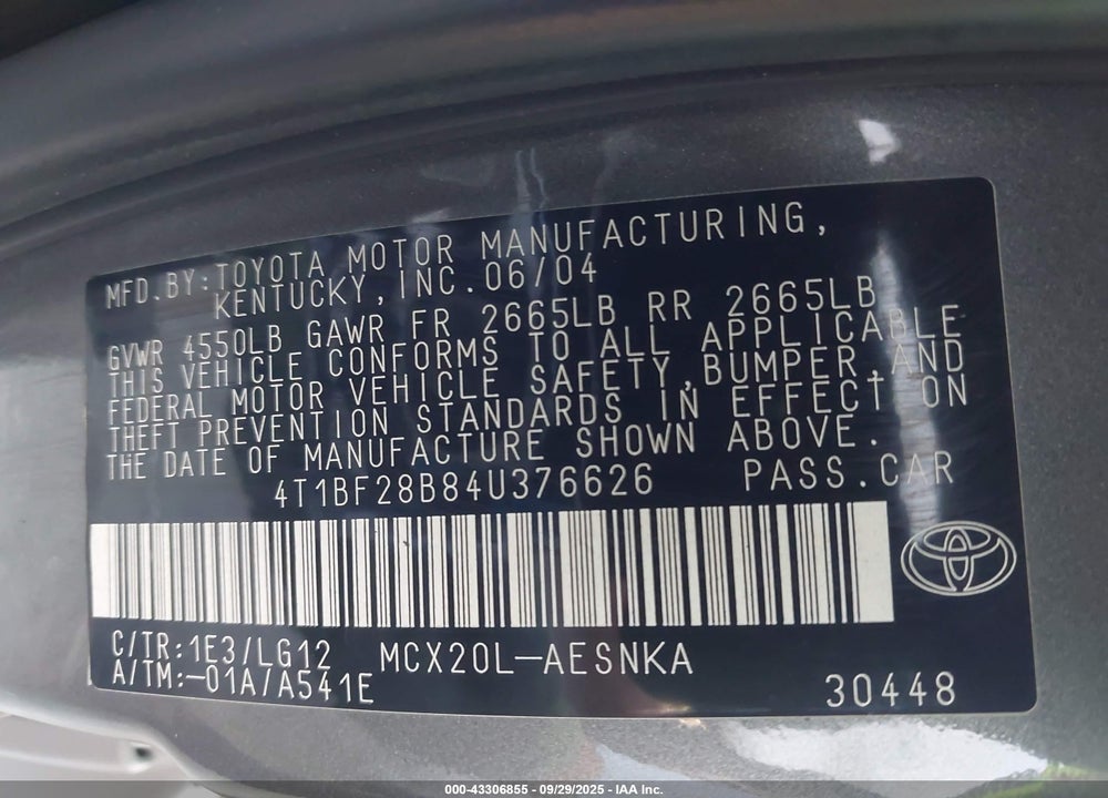 2004 TOYOTA AVALON XL VIN: 4T1BF28B84U376626