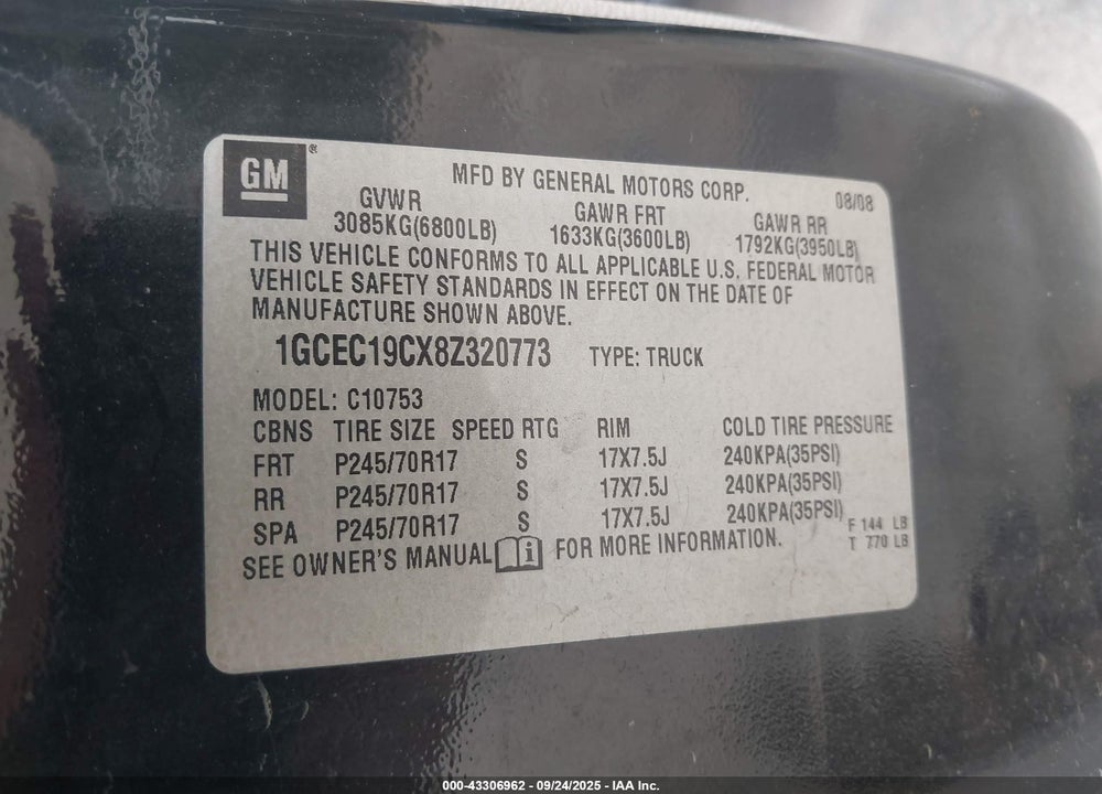 2008 CHEVROLET SILVERADO 1500 LT1 VIN: 1GCEC19CX8Z320773
