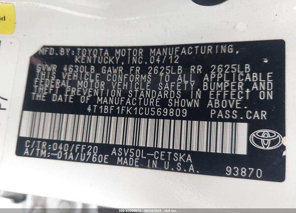 2012 TOYOTA CAMRY SE VIN: 4T1BF1FK1CU569809