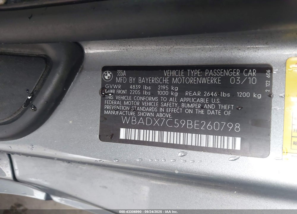 2011 BMW 3 SERIES VIN: WBADX7C59BE260798
