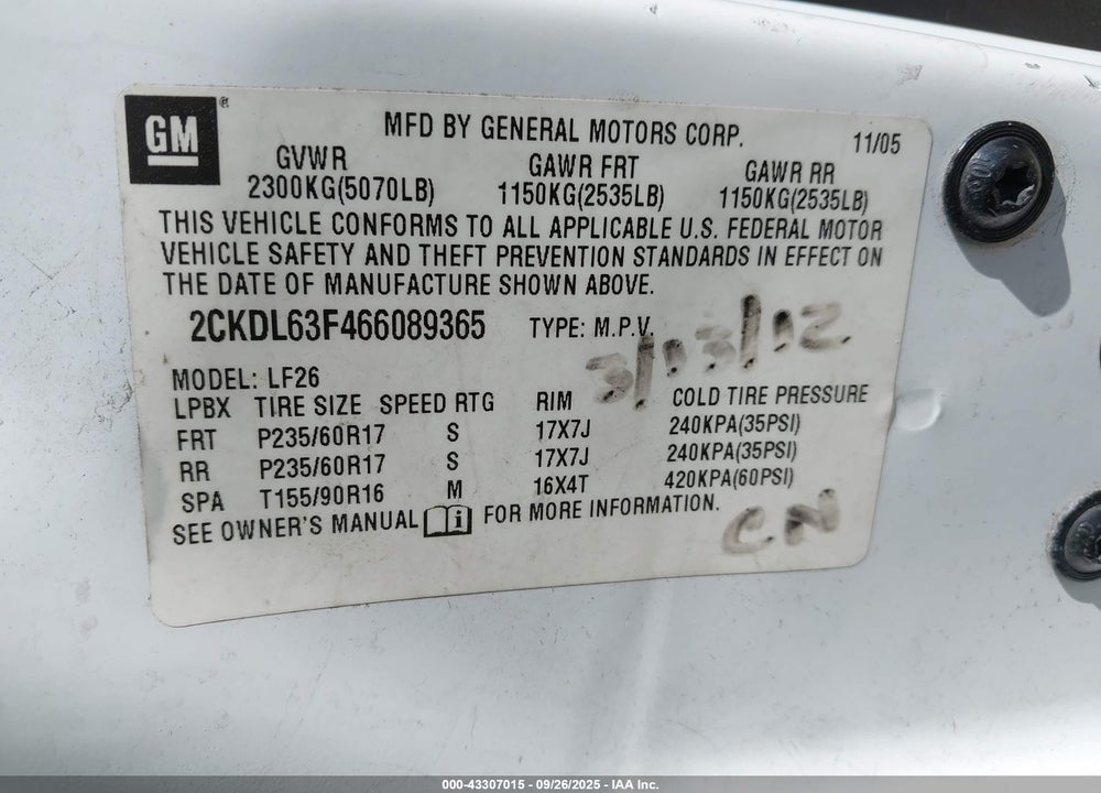 2006 PONTIAC TORRENT VIN: 2CKDL63F466089365