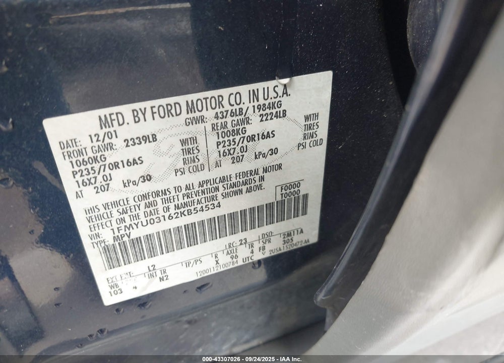 2002 FORD ESCAPE XLT VIN: 1FMYU03162KB54534