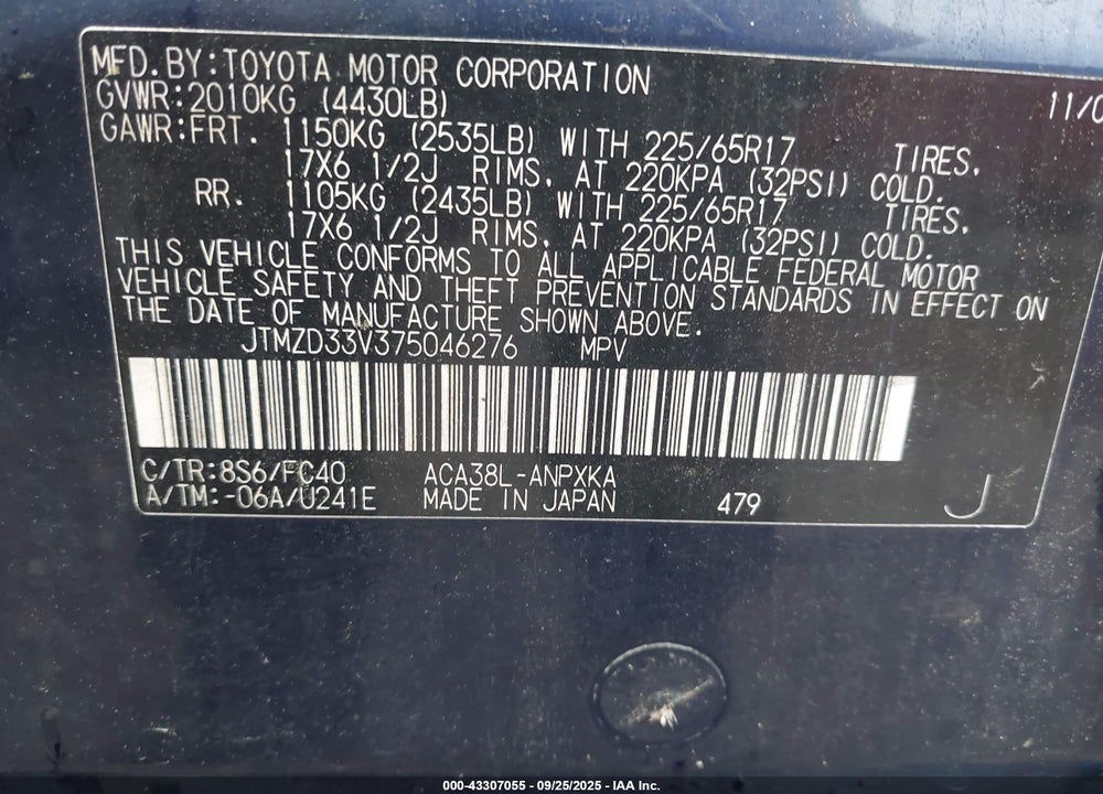 2007 TOYOTA RAV4 VIN: JTMZD33V375046276