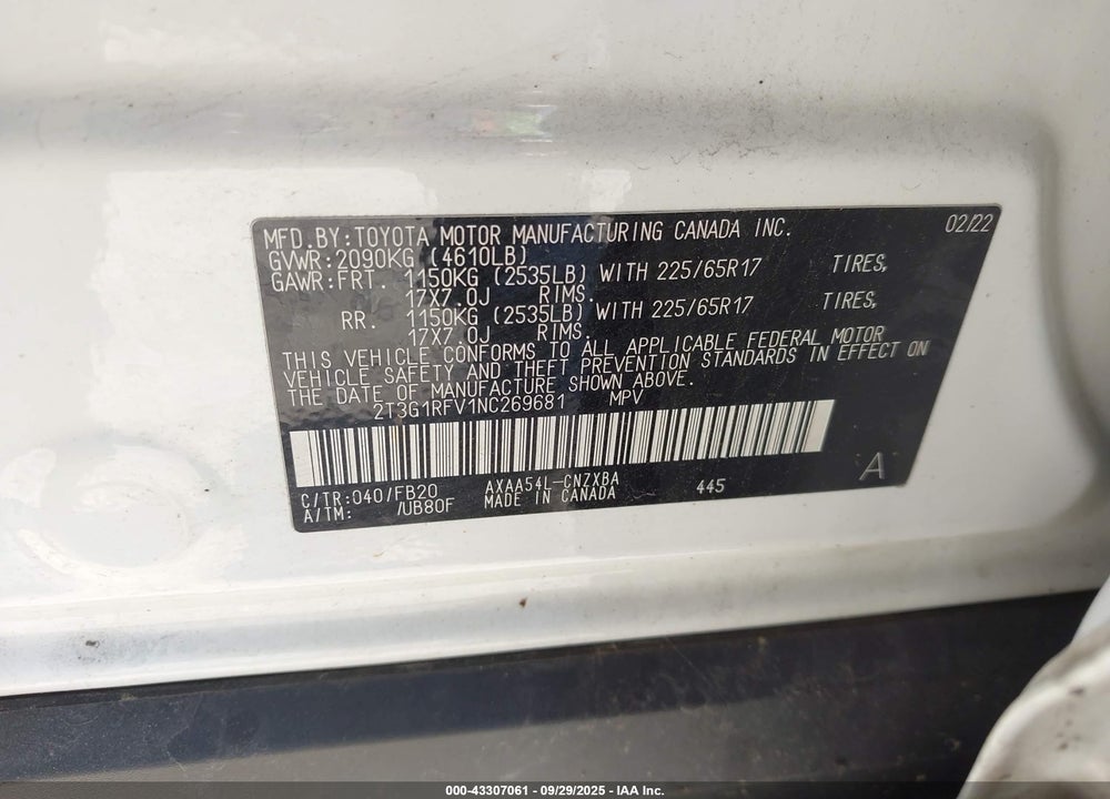 2022 TOYOTA RAV4 LE VIN: 2T3G1RFV1NC269681