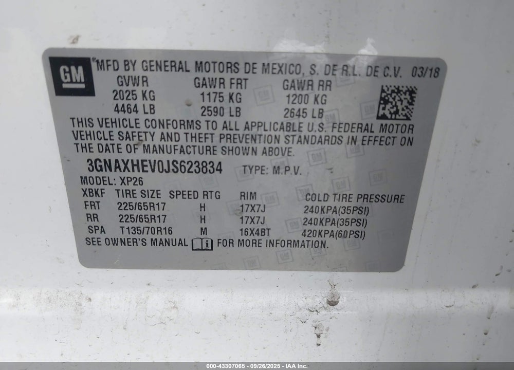 2018 CHEVROLET EQUINOX VIN: 3GNAXHEV0JS623834