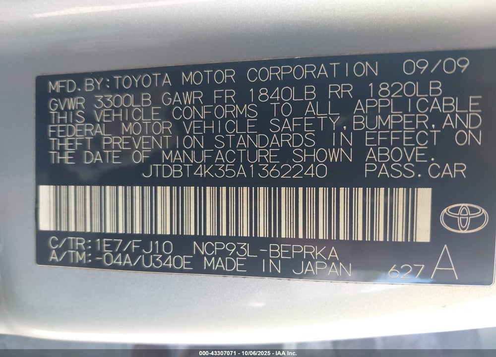 2010 TOYOTA YARIS VIN: JTDBT4K35A1362240