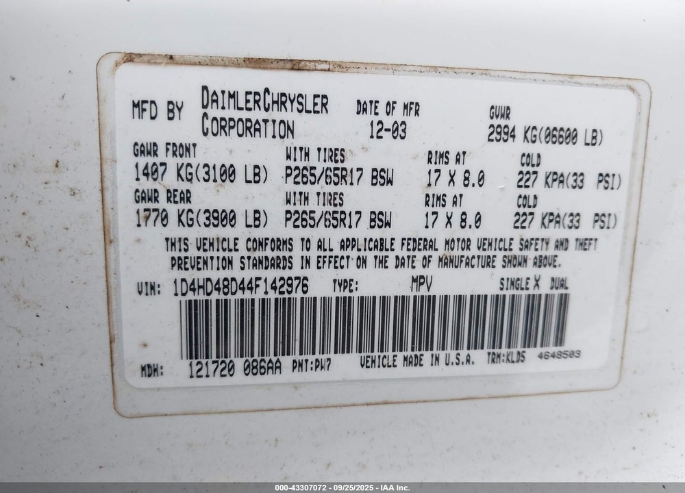 2004 DODGE DURANGO SLT VIN: 1D4HD48D44F142976