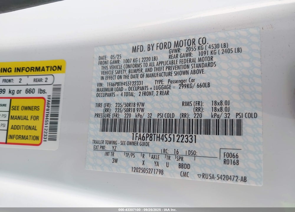 2025 FORD MUSTANG VIN: 1FA6P8TH4S5122331