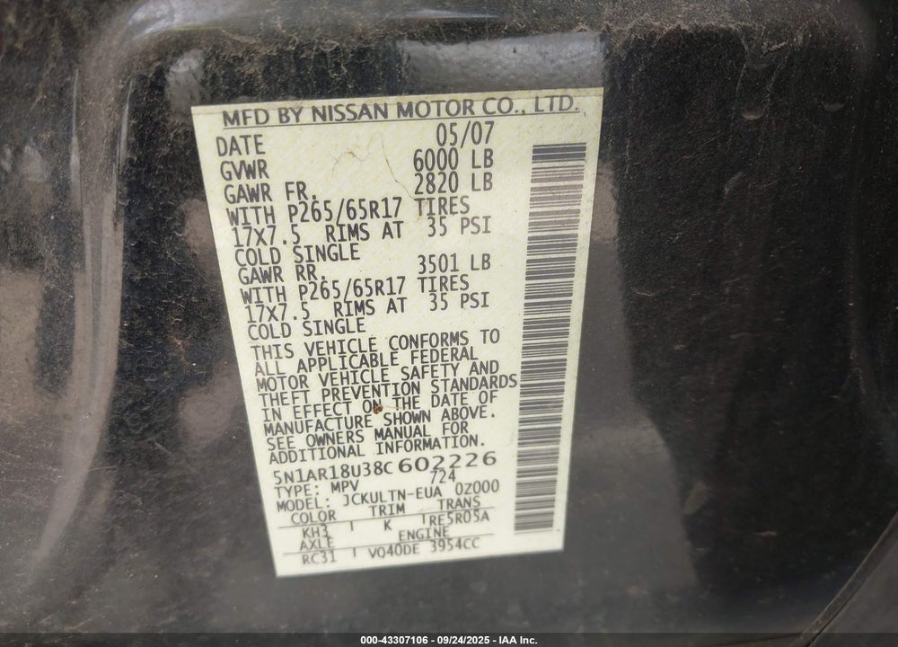2008 NISSAN PATHFINDER SE VIN: 5N1AR18U38C602226