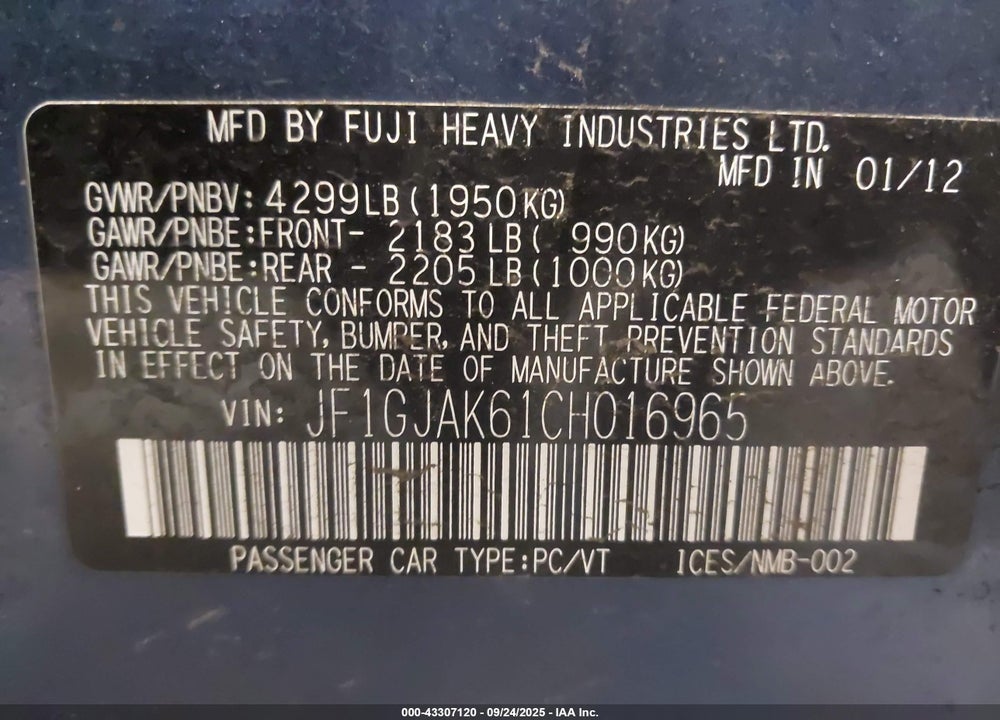 2012 SUBARU IMPREZA VIN: JF1GJAK61CH016965