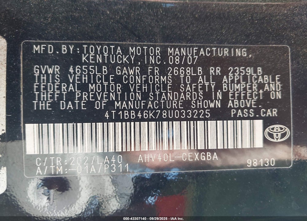 2008 TOYOTA CAMRY HYBRID VIN: 4T1BB46K78U033225