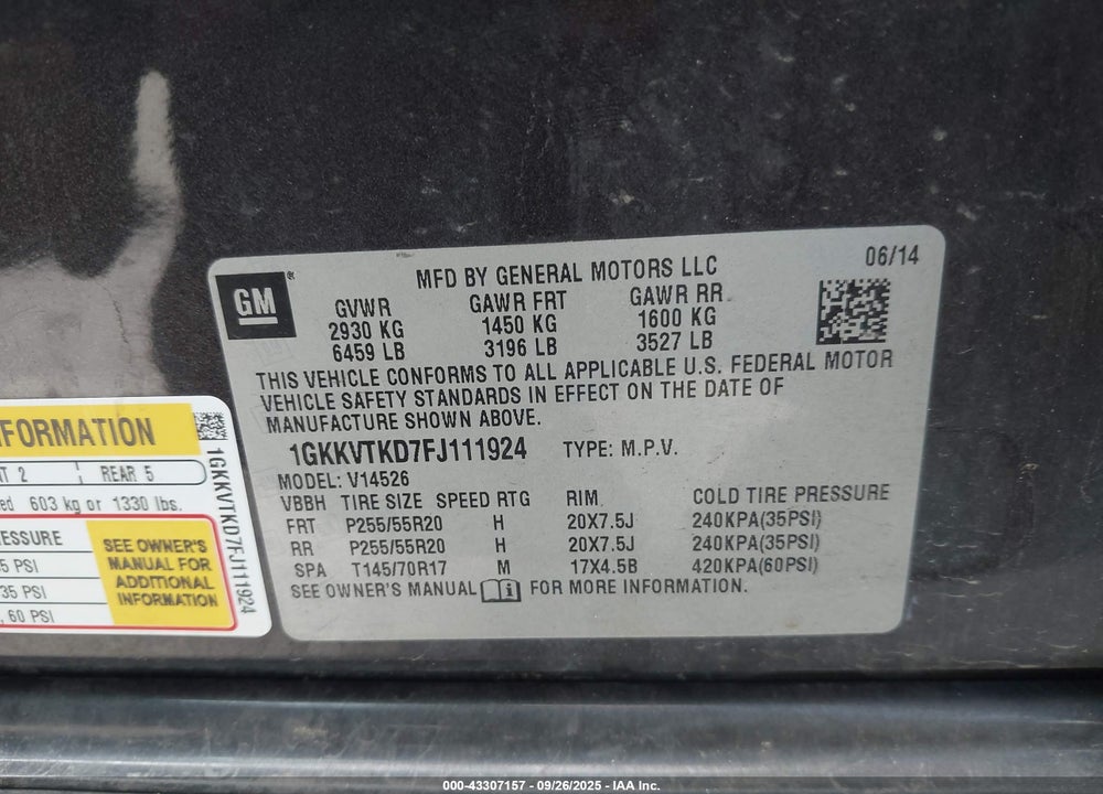2015 GMC ACADIA VIN: 1GKKVTKD7FJ111924