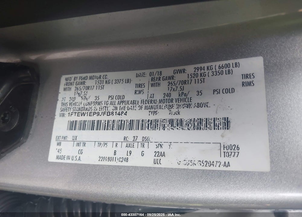 2018 FORD F-150 VIN: 1FTEW1EP9JFB81484