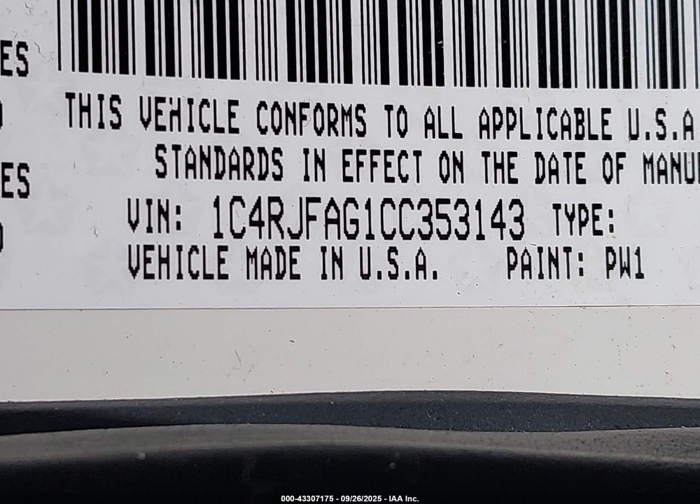 2012 JEEP GRAND CHEROKEE VIN: 1C4RJFAG1CC353143