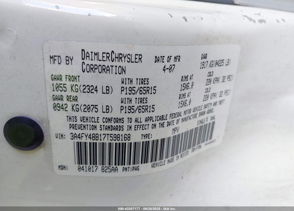 2007 CHRYSLER PT CRUISER VIN: 3A4FY48B17T598168