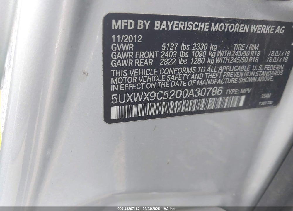 2013 BMW X3 XDRIVE28I VIN: 5UXWX9C52D0A30786