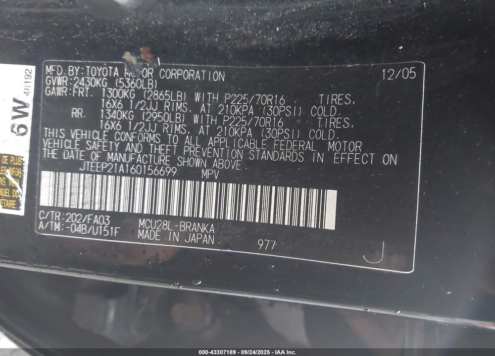 2006 TOYOTA HIGHLANDER V6 VIN: JTEEP21A160156699