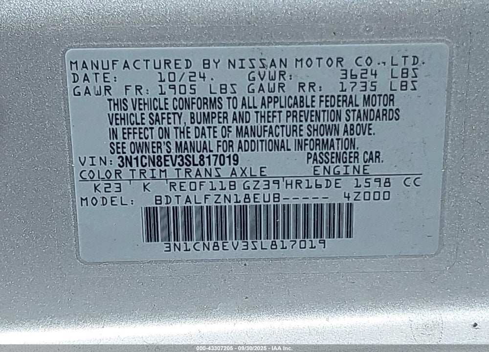 2025 NISSAN VERSA VIN: 3N1CN8EV3SL817019